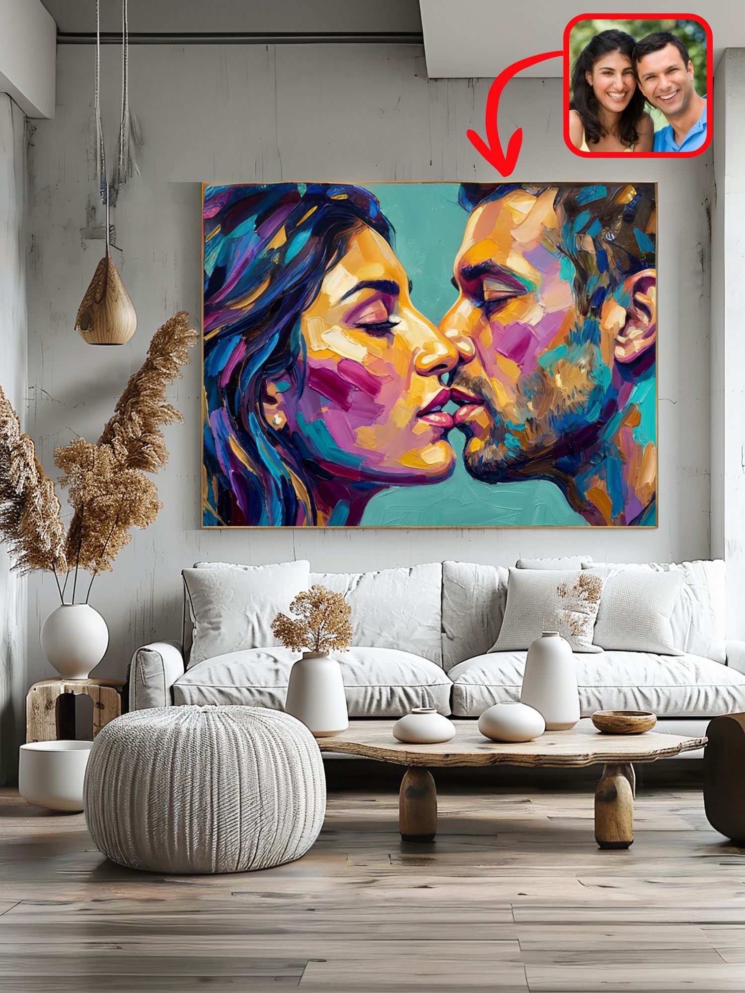 Custom palette-knife oil-style couple portrait in a modern living room