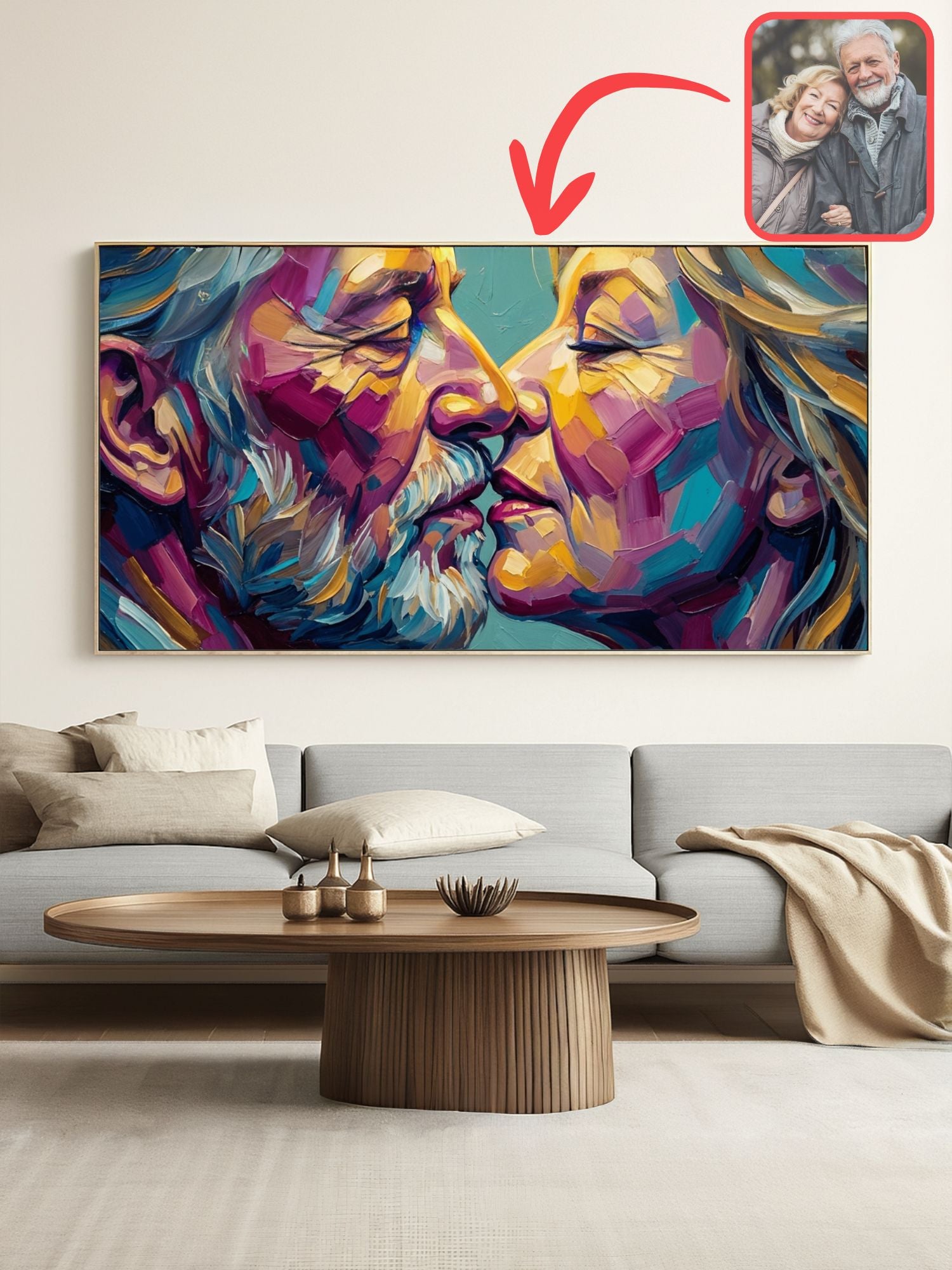 Palette-knife oil-style portrait of a couple with a photo inset