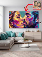 Bold palette-knife couple portrait above a sofa
