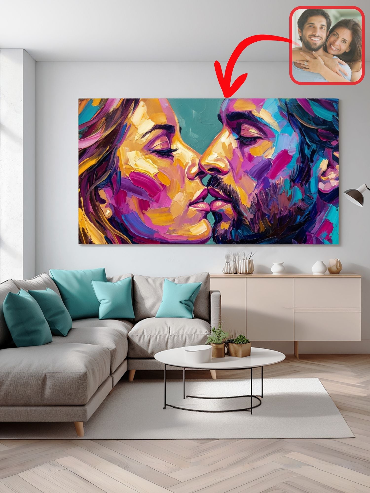 Bold palette-knife couple portrait above a sofa