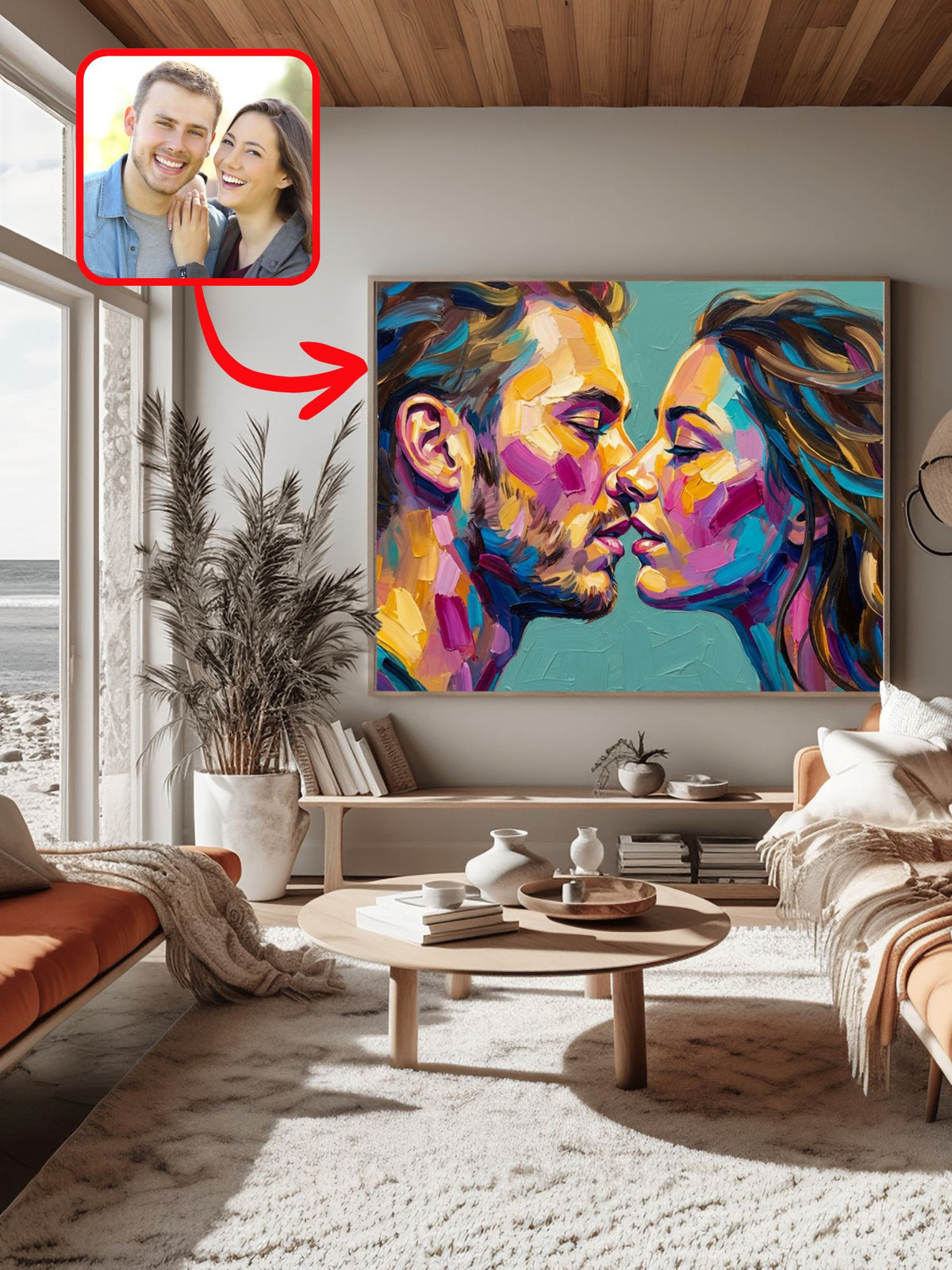 Palette-knife couple portrait with an inset of the original photo
