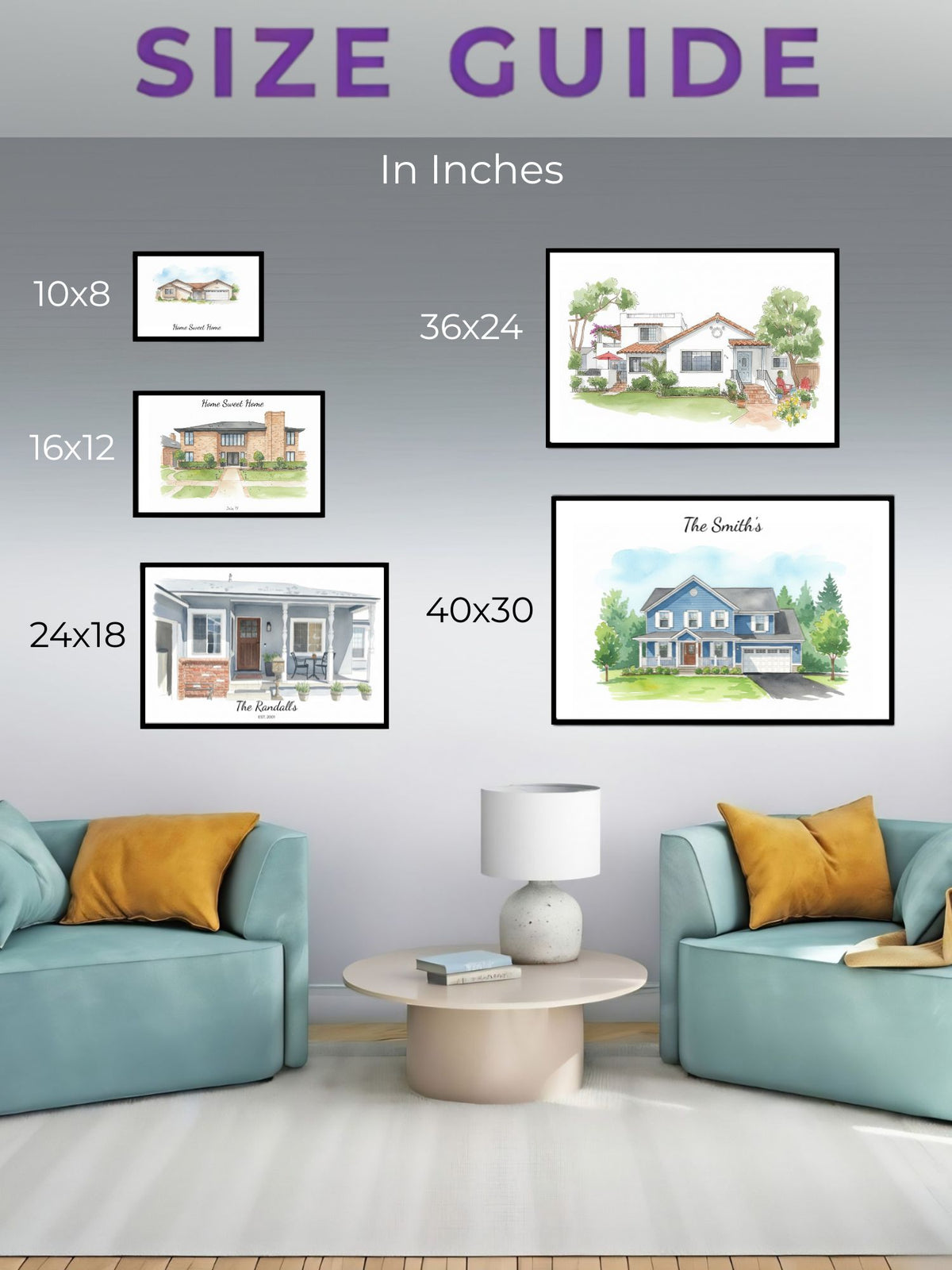 Size guide for framed house illustrations in a living room setting