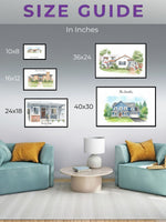 Size guide for framed house illustrations in a living room setting