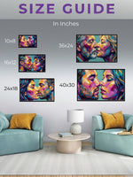 Size guide for wall art prints displayed in a living room setting.