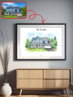 Framed illustration of a house with 'The Smiths' text on a wall above a wooden cabinet.