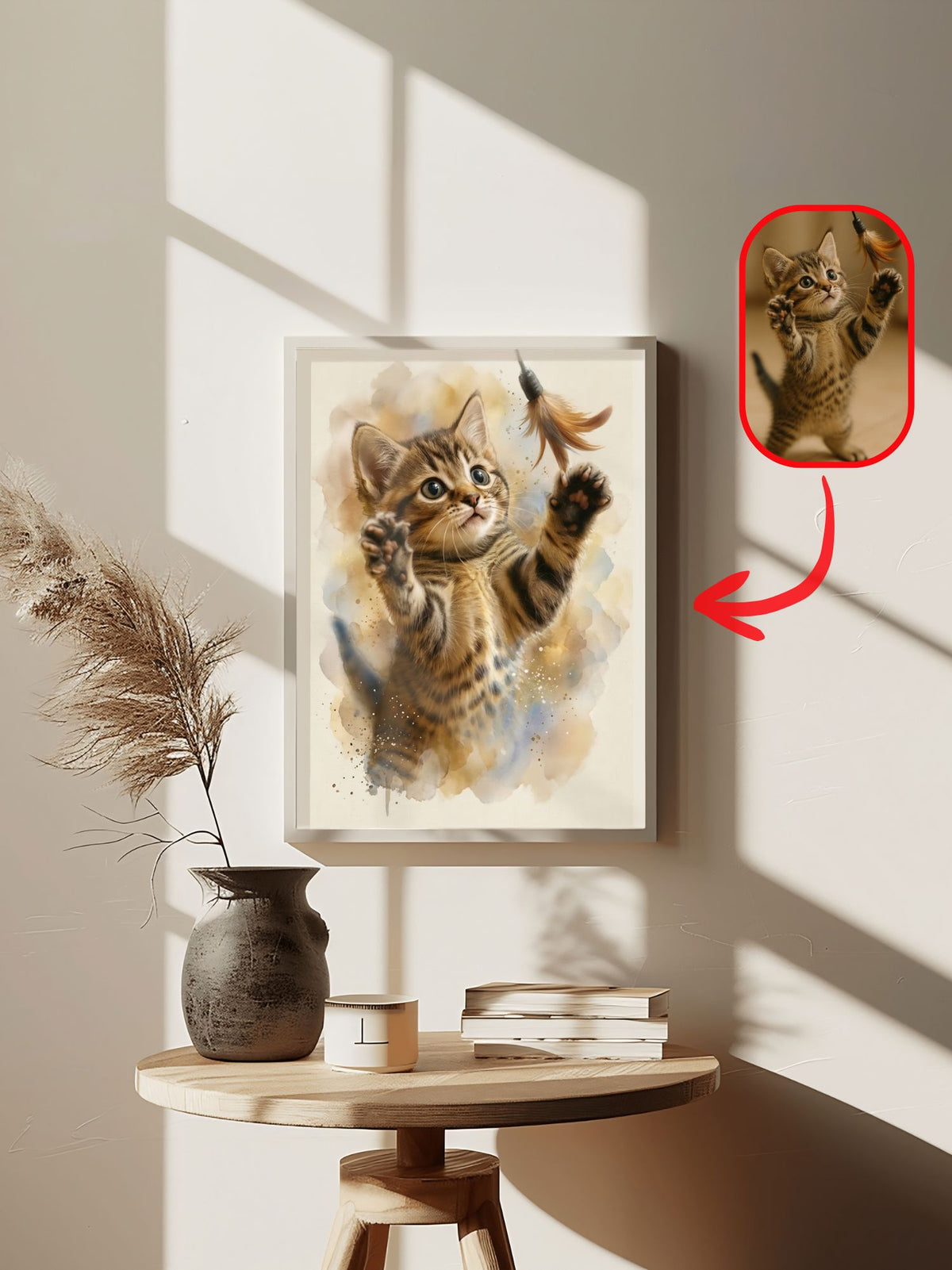 Custom watercolor cat portrait of a tabby kitten from a photo