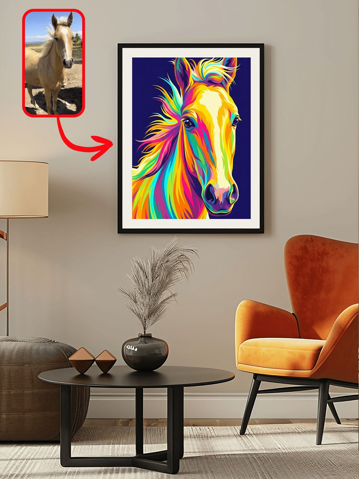 Bright pop art horse portrait of a palomino