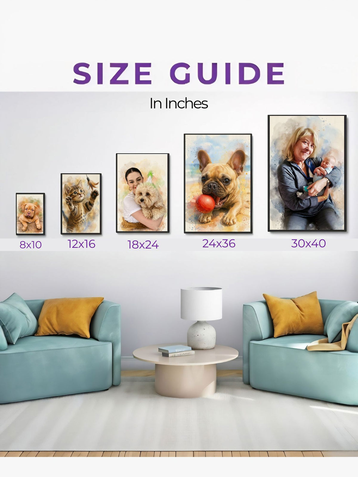 Custom watercolor portrait size guide displayed on a wall