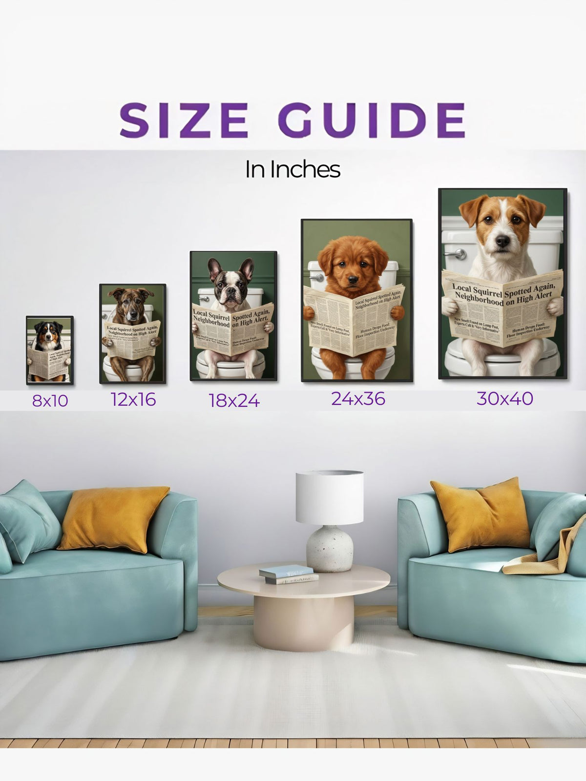 Custom pet portrait size guide displayed on a wall