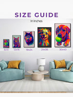 Custom pet portrait size guide displayed on a wall
