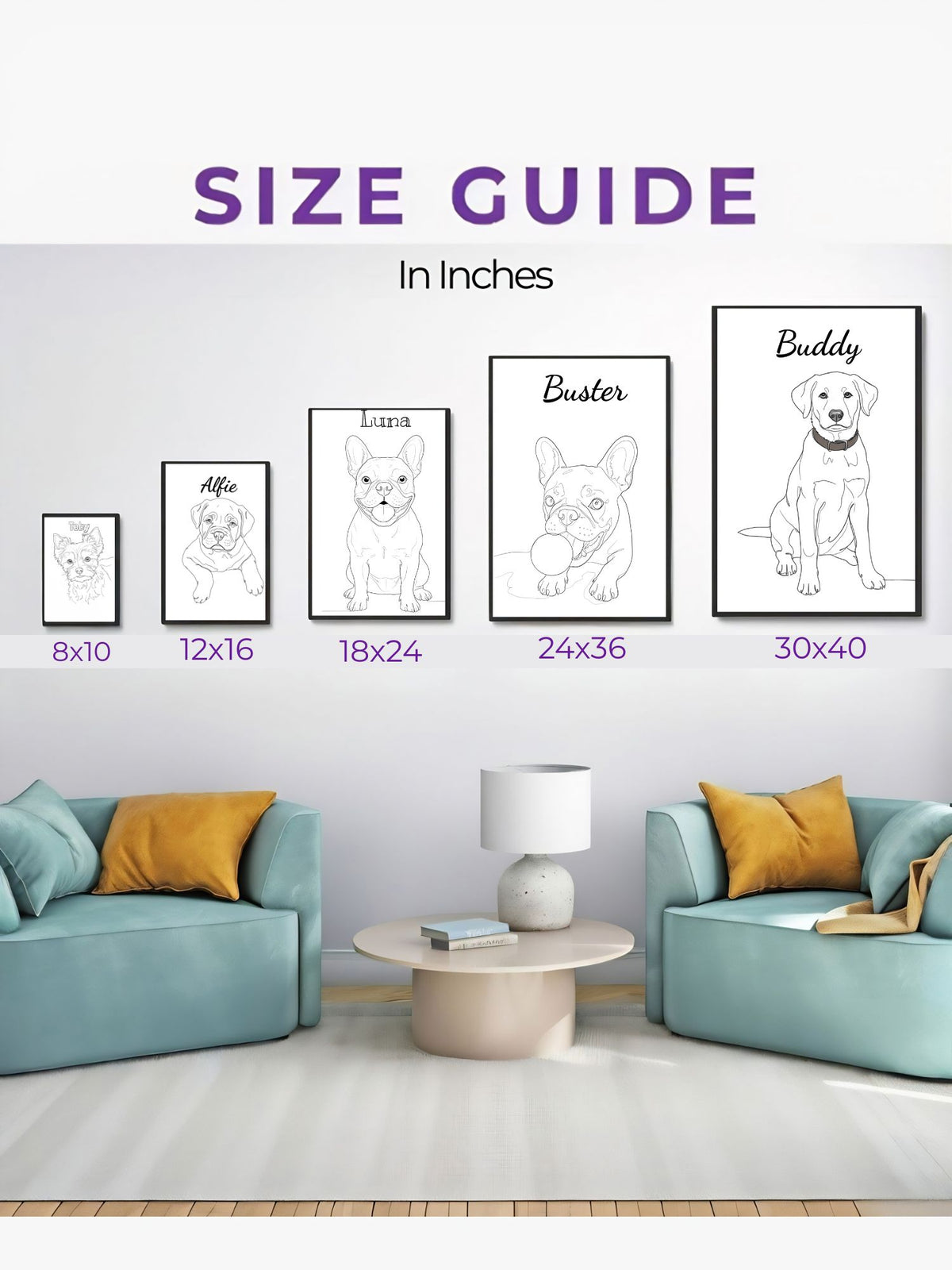 Size guide showing custom line art portraits from 8x10 to 30x40 inches above a sofa