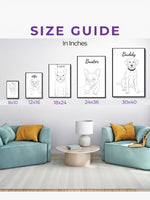 Size guide showing custom line art portraits from 8x10 to 30x40 inches above a sofa