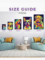Size guide for colorful animal portraits on a wall with furniture in the background