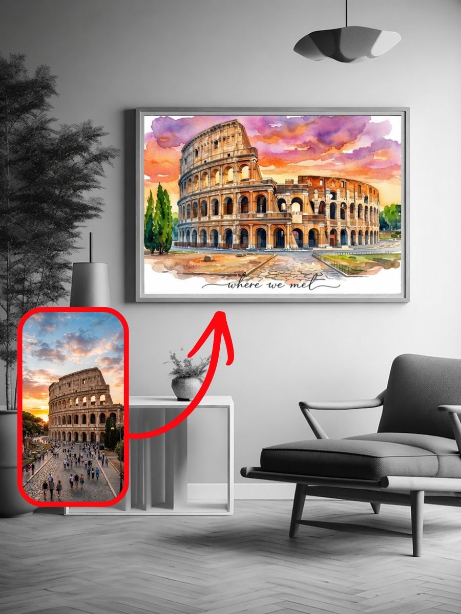 Custom watercolor print of the Colosseum in Rome labeled where we met