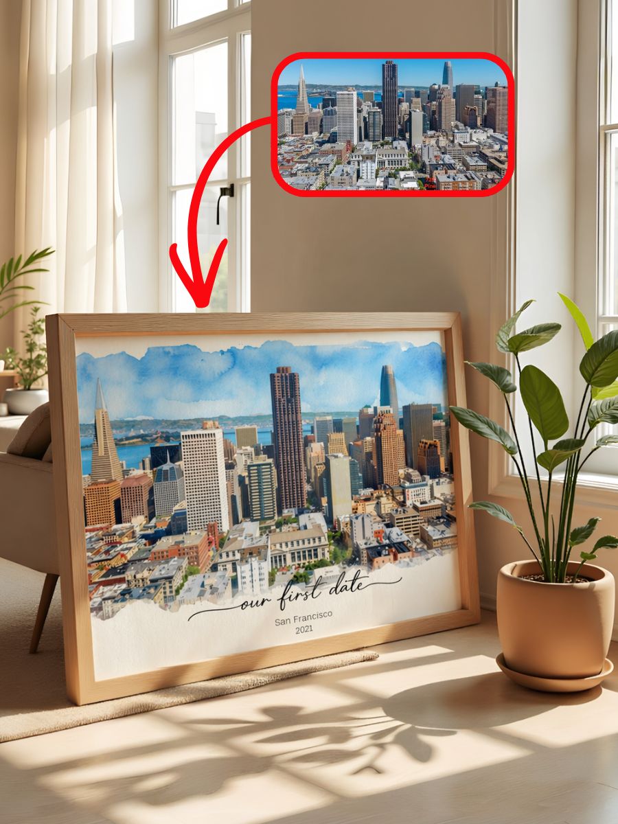 Custom watercolor print of the San Francisco skyline labeled our first date
