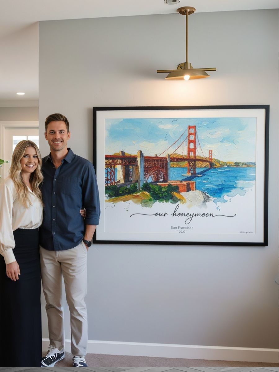 Custom art print of the Golden Gate Bridge labeled our honeymoon