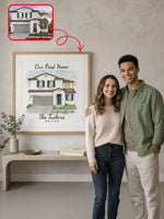 Couple standing next to a framed print of their first home, with a close-up inset showing the house.