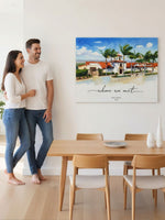 Custom art print of a Spanish-style villa labeled where we met