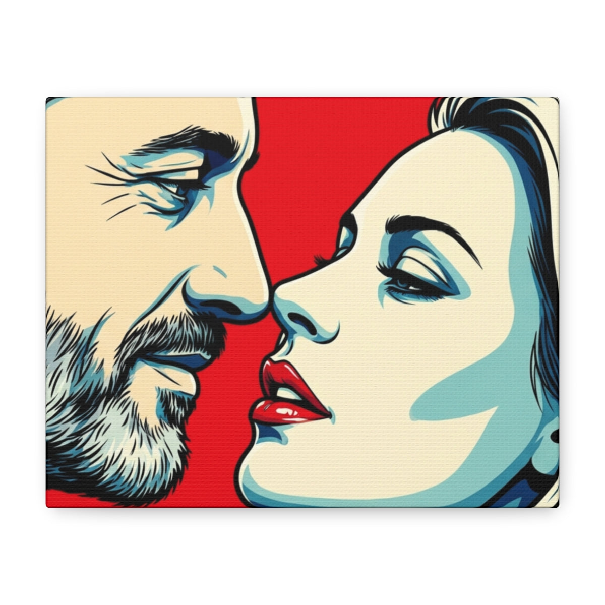 Pop art comic kiss couple portrait with a bold red background
