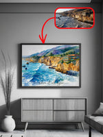 Custom watercolor print of a coastal cliff scene labeled where it all began