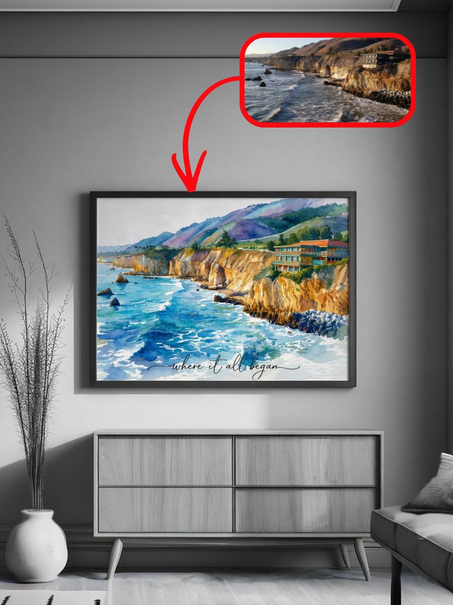 Custom watercolor print of a coastal cliff scene labeled where it all began