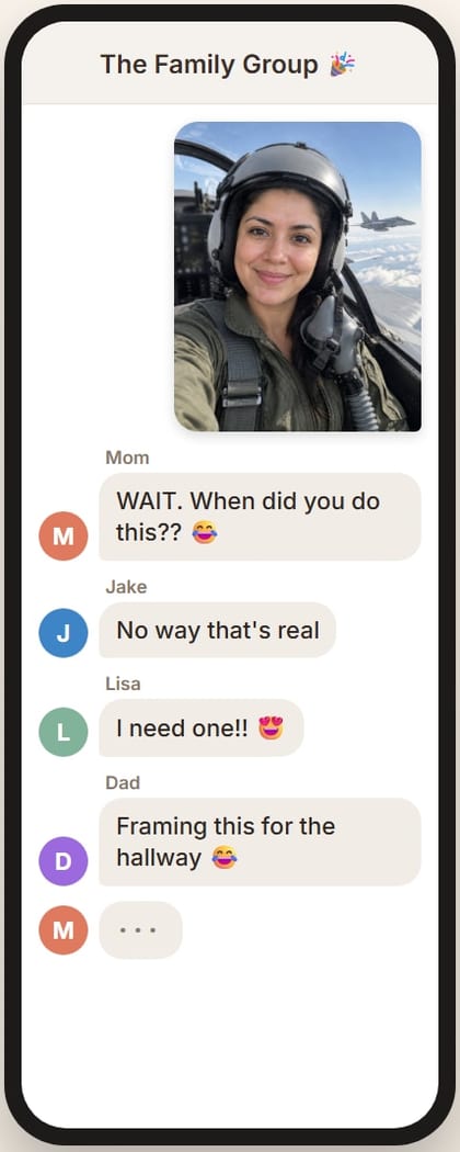 A family group chat where everyone reacts to a Hero Shot of a fighter-jet pilot: "No way that's real"