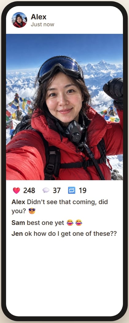 A Hero Shot on Everest posted with the caption "Didn't see that coming, did you?"