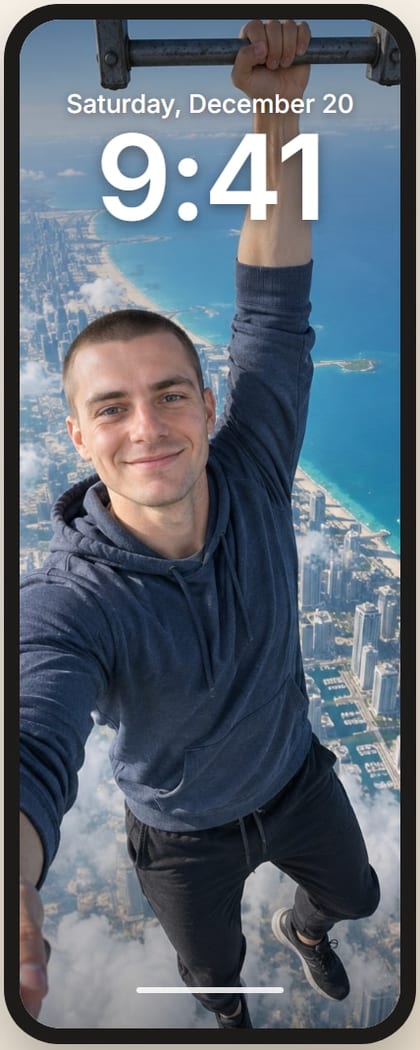 A Hero Shot of a man hanging from a skyscraper as a phone lock screen
